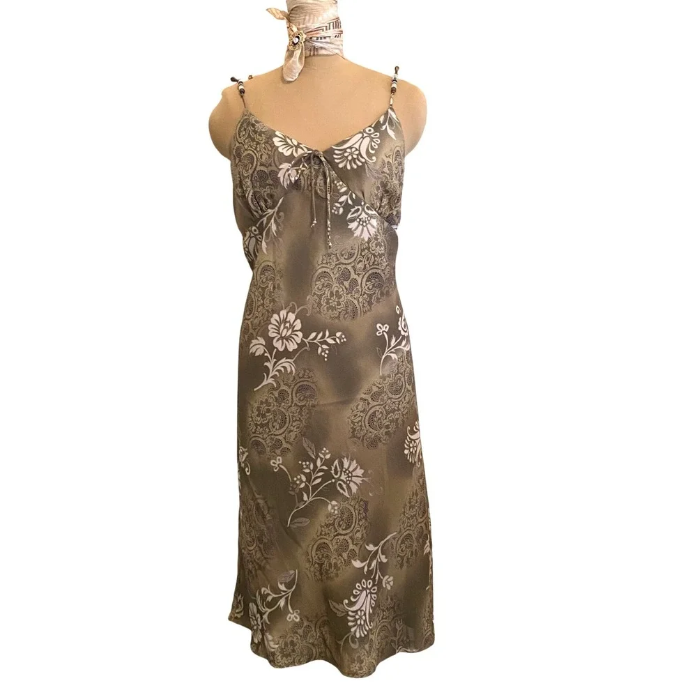 Kathie Lee Slip Dress Boho 90s Vintage Midi Women Beaded Strap XL Green Floral